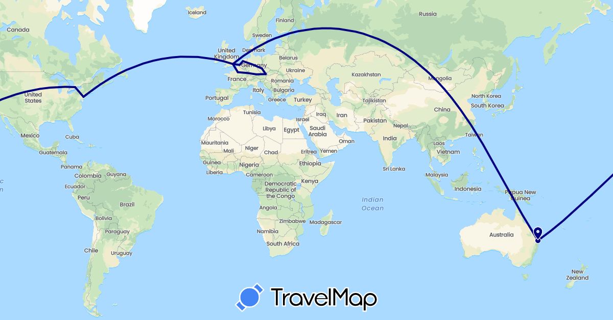 TravelMap itinerary: driving in Austria, Australia, Belgium, Canada, Czech Republic, Germany, France, United Kingdom, Netherlands, United States (Europe, North America, Oceania)